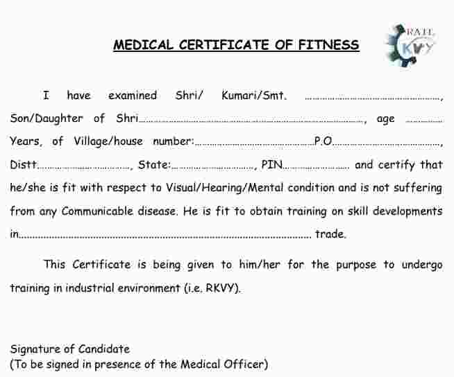 Rail Kaushal Vikas Yojana medical certificate performa
