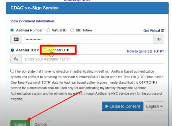 Submit Aadhar OTP to verify